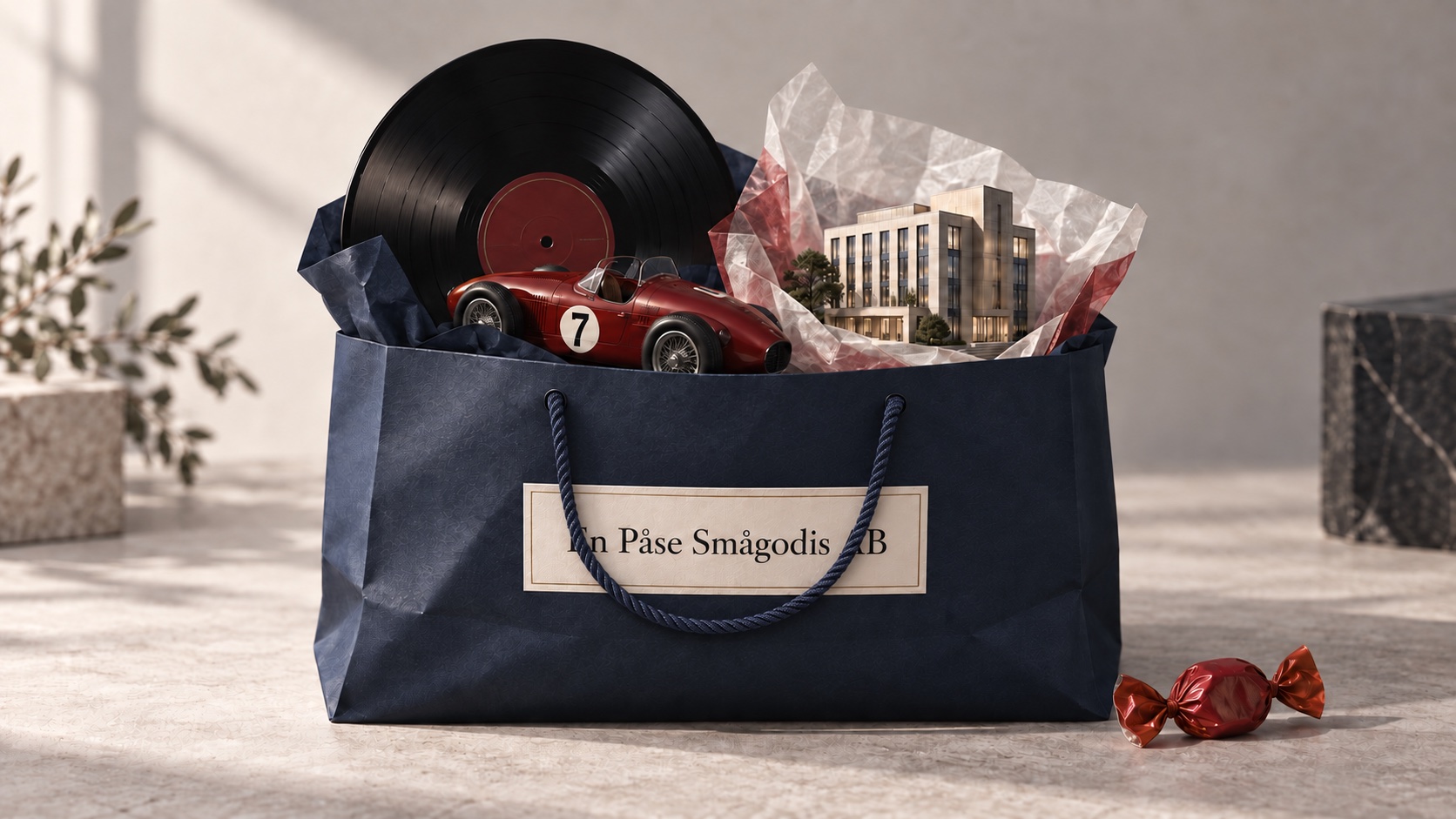 A navy bag holding a vinyl record, a red racing car and a wrapped architectural model, with a small sweet alongside.