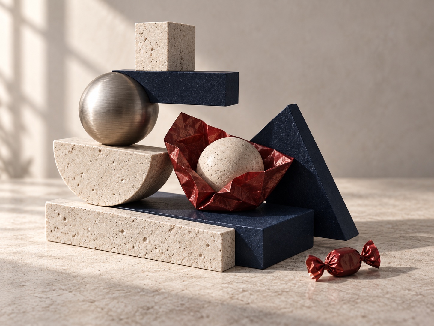 Sculptural stone and metal forms alongside an open red sweet wrapper: a playful illustration of building value.