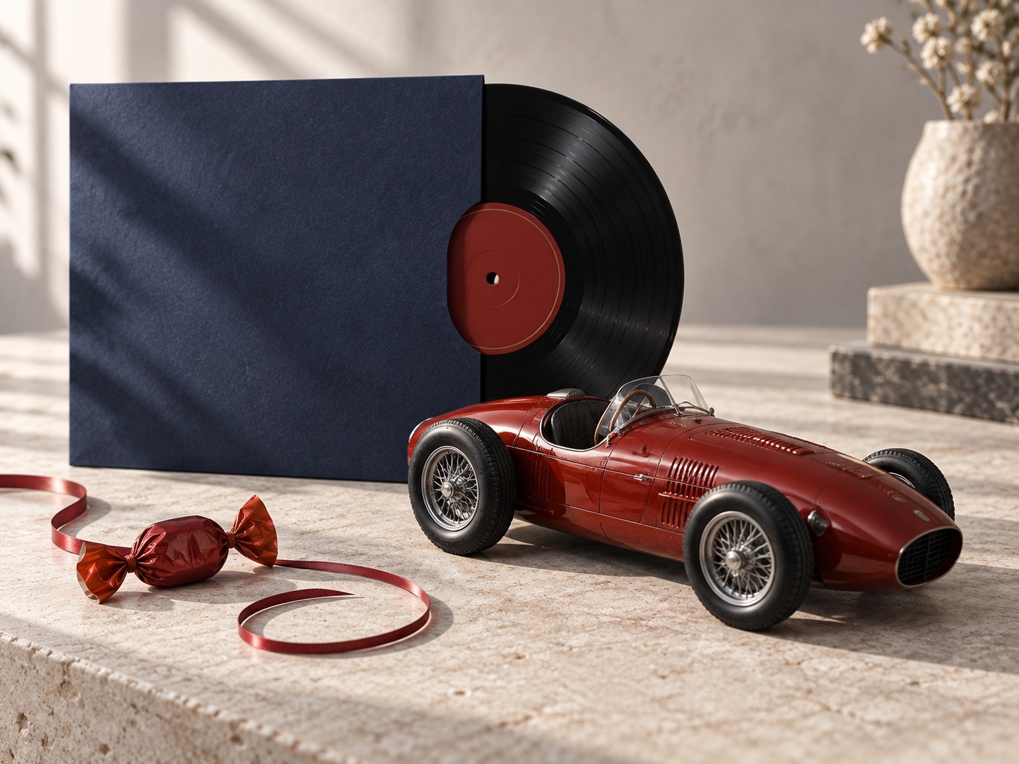 A still life of a vinyl record, a navy record sleeve, a red model racing car and a small wrapped sweet.