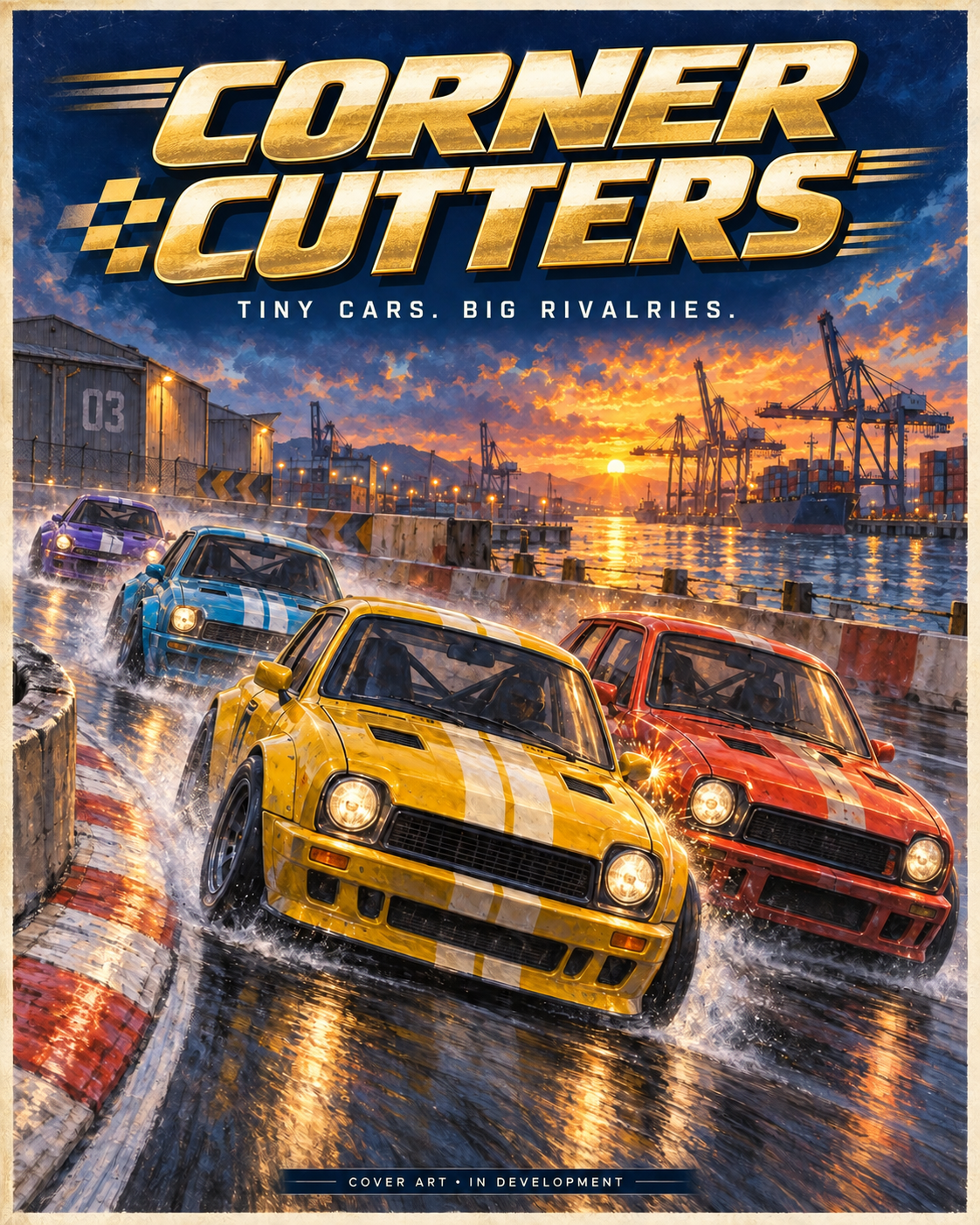 Corner Cutters: racing cars battle on a harbour circuit at sunset, painted like a classic game cover.