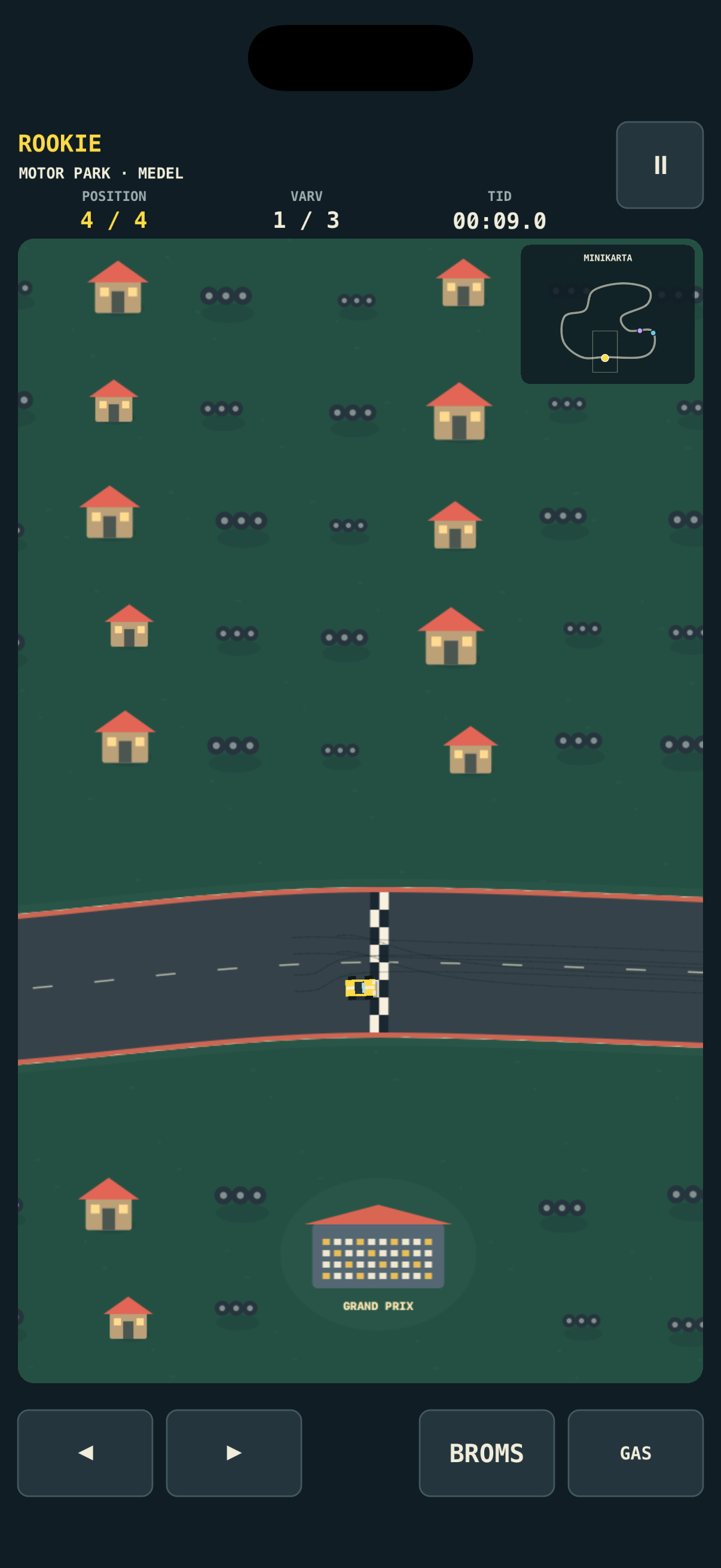 Corner Cutters gameplay on iPhone, showing the track, mini-map and on-screen throttle, brake and steering controls.
